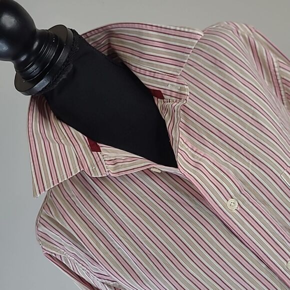Original Aeropostale slim fit  sz S button front collared pink tan striped shirt - Picture 2 of 12